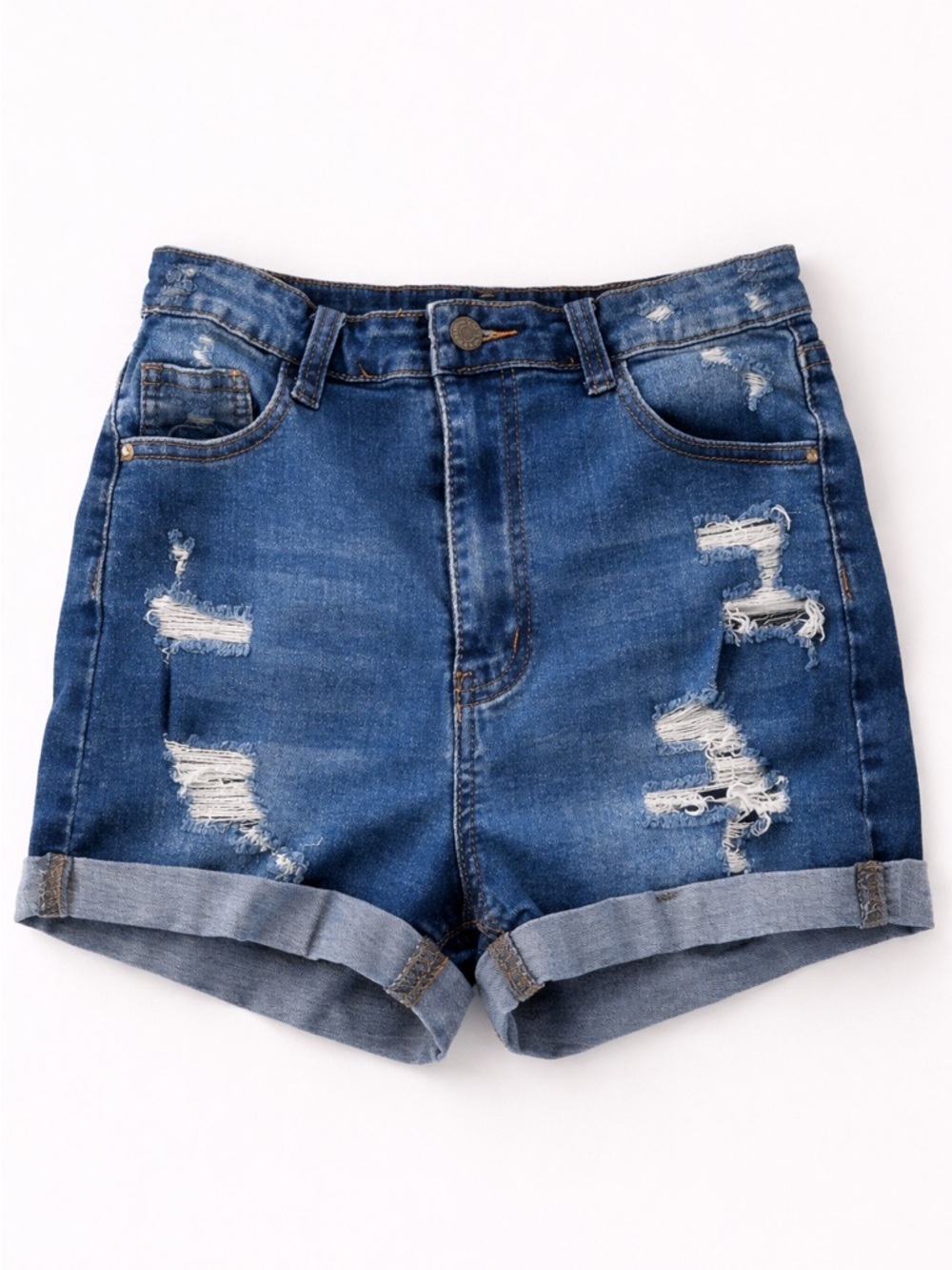 SHEIN High Waisted Ripped Denim Shorts Size 6 Stretch Cuffed Blue y2k